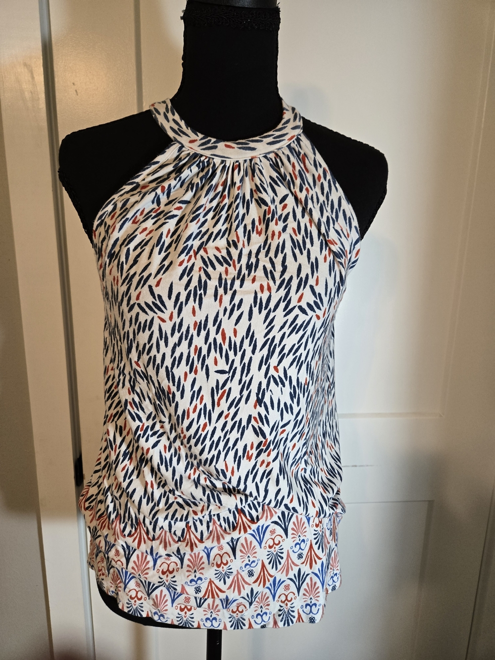 Loveappella White Halter Tank with Navy & Coral Print